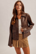 Faux Leather Zip Front Utility Jacket - Brown