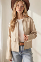 Faux Leather Zip Front Utility Jacket - Ecru