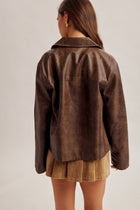 Faux Leather Zip Front Utility Jacket - Brown