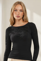 Floral Lace Yoke Ribbed Top - Black