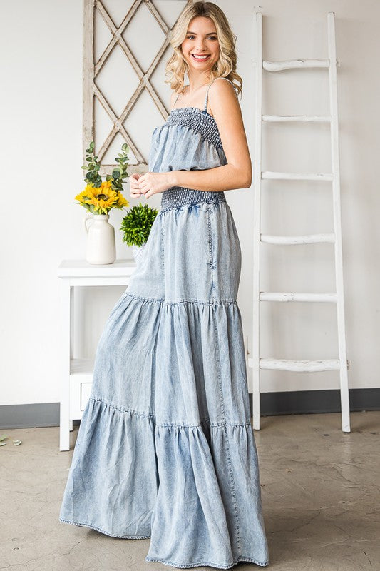Denim Ruffle Wide Leg Jumpsuit
