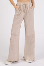 Asymmetric Mineral Wash Wide Leg Pants - Tan