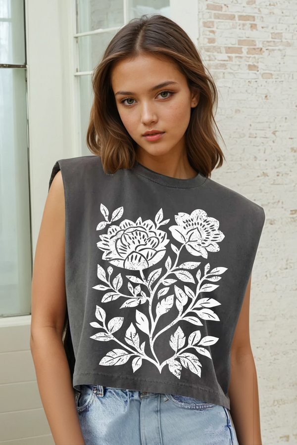 Black Floral Print Muscle Tee - Charcoal