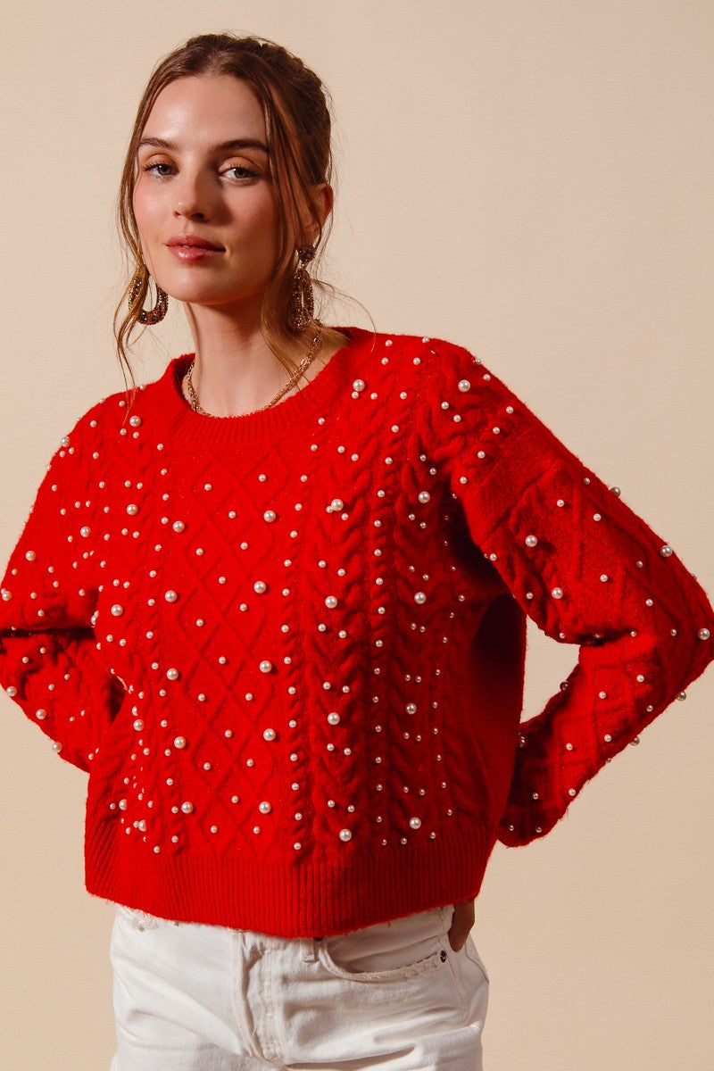 Pearl Embellished Sweater - Red