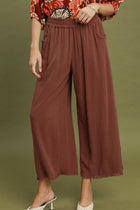 Wide Leg Frayed Hem Pants - Red Mahogany