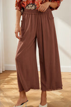 Wide Leg Frayed Hem Pants - Red Mahogany