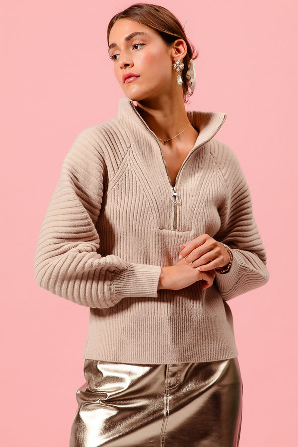 Half Zip Ribbed Sweater - Taupe