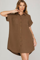 Collared Button Front Shirt Dress - Ash Brown