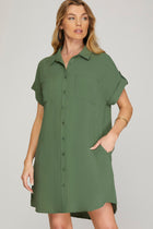 Collared Button Front Shirt Dress - Olive
