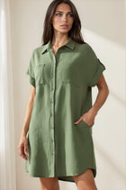 Collared Button Front Shirt Dress - Olive