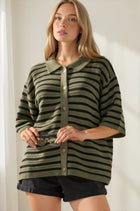 Striped Button Down Short Sleeve Sweater