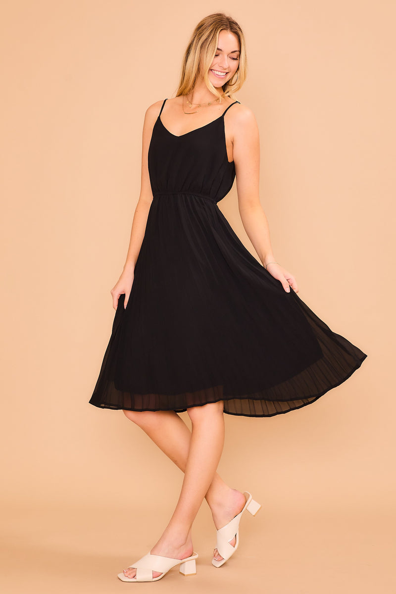 Chiffon Pleated Dress - Black