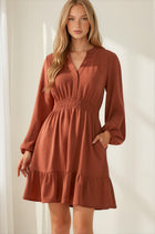Notch Neck Long Sleeve Mini Dress - Cinnamon