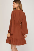 Notch Neck Long Sleeve Mini Dress - Cinnamon