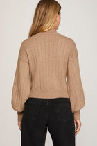 Mock Neck Balloon Sleeve Sweater Top - Light Mocha