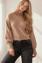 Mock Neck Balloon Sleeve Sweater Top - Light Mocha