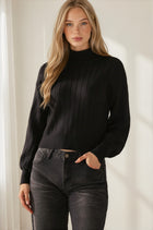 Mock Neck Balloon Sleeve Sweater Top - Black