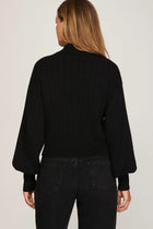 Mock Neck Balloon Sleeve Sweater Top - Black