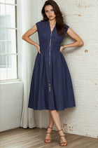 Smocked Waist Zipper Front Midi Dress - Navy