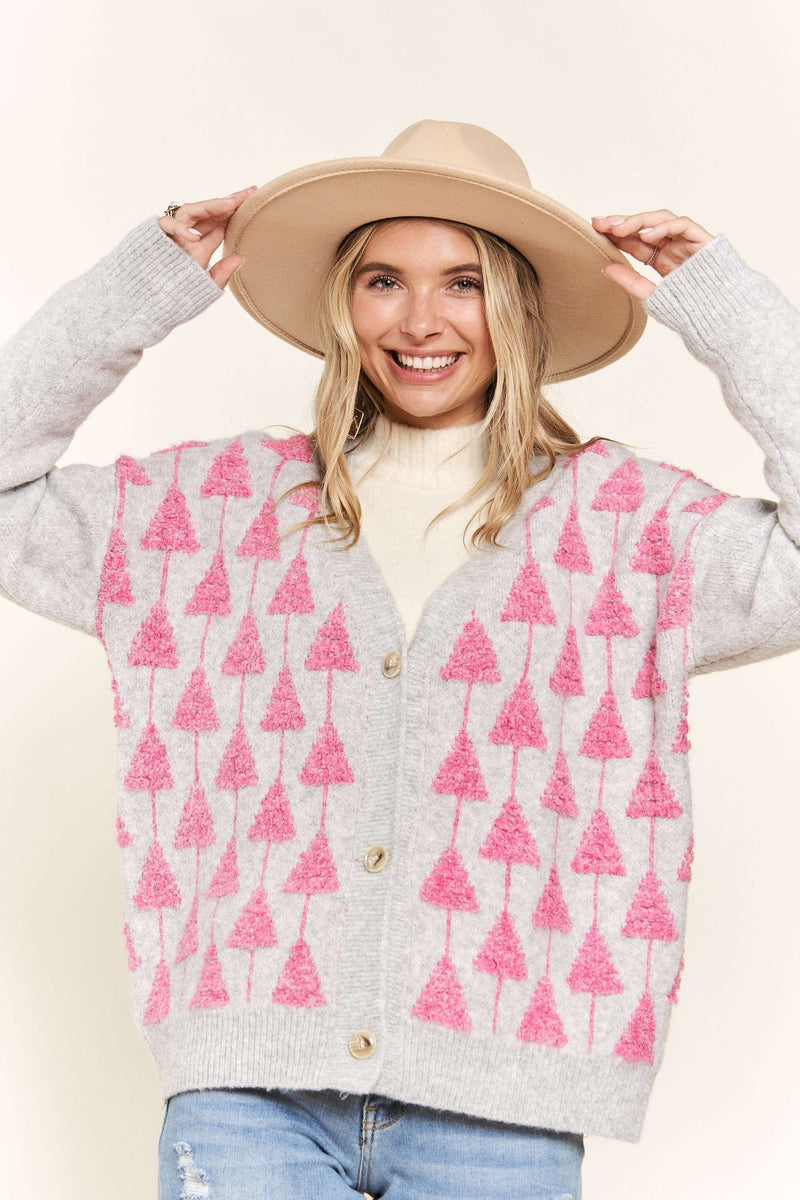 Tree Detail Button Down Cardigan - Pink