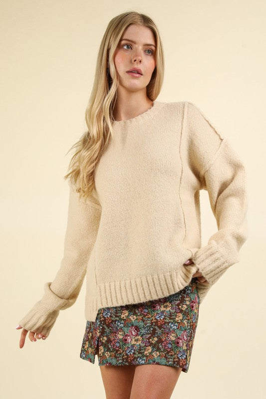 Asymmetric Solid Sweater - Cream