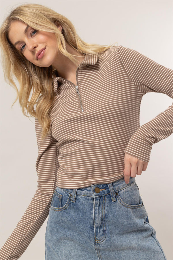 Striped Half-Zip Top - Mocha