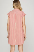 Striped Button Down Mini Dress - Red