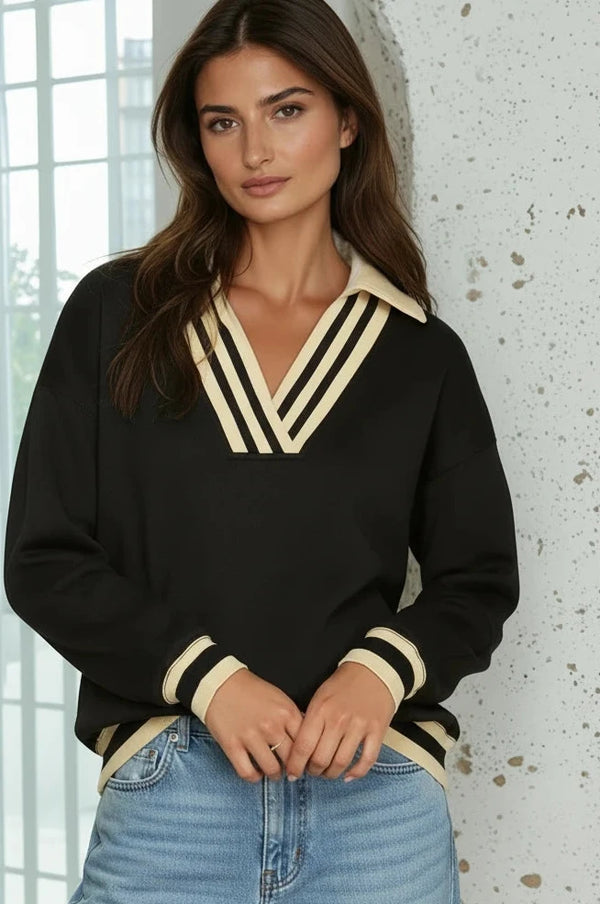 V-Neck Collared Top with Contrast