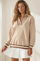 V-Neck Collared Top W Contrast Detail - Beige