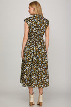 Floral Print Smocked Waist Zip Front Midi Dress
