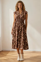 Floral Print Smocked Waist Zip Front Midi Dress - Wine