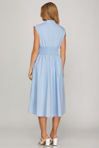 Smocked Waist Zipper Front Midi Dress - Light Blue