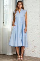 Smocked Waist Zipper Front Midi Dress - Light Blue