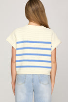 Striped Detail Knit Short Sleeve Sweater - Blue