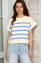 Striped Detail Knit Short Sleeve Sweater - Blue