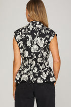 Floral Zip Front Peplum Top - Black