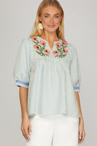 Floral Embroidered Stripe 1/2 Sleeve Top
