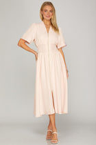 Striped Puff Sleeve Zip Front Midi Dress