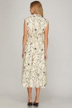 Abstract Floral Zip Front Midi Dress - Cream
