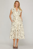 Abstract Floral Zip Front Midi Dress - Cream