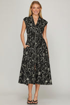 Abstract Floral Zip Front Midi Dress