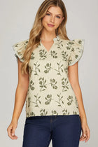 Flutter Sleeve Embroidered Blouse - Sage