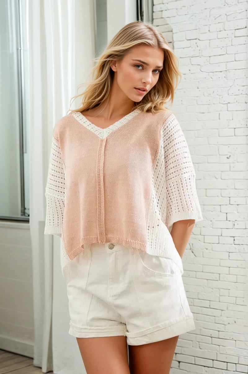 V-neck Mixed Knit Top