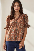 Ruffled Floral V‑Neck Blouse