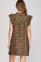 Polka Dot Ruffle Sleeve Mini Dress - Brown