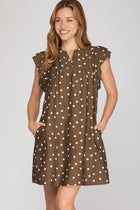 Polka Dot Ruffle Sleeve Mini Dress - Brown