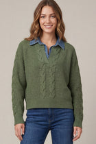 Denim Collared V-Neck Sweater