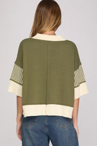 Contrast Trim Collared Short Sleeve Sweater