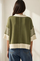 Contrast Trim Collared Short Sleeve Sweater