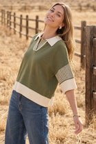 Contrast Trim Collared Short Sleeve Sweater